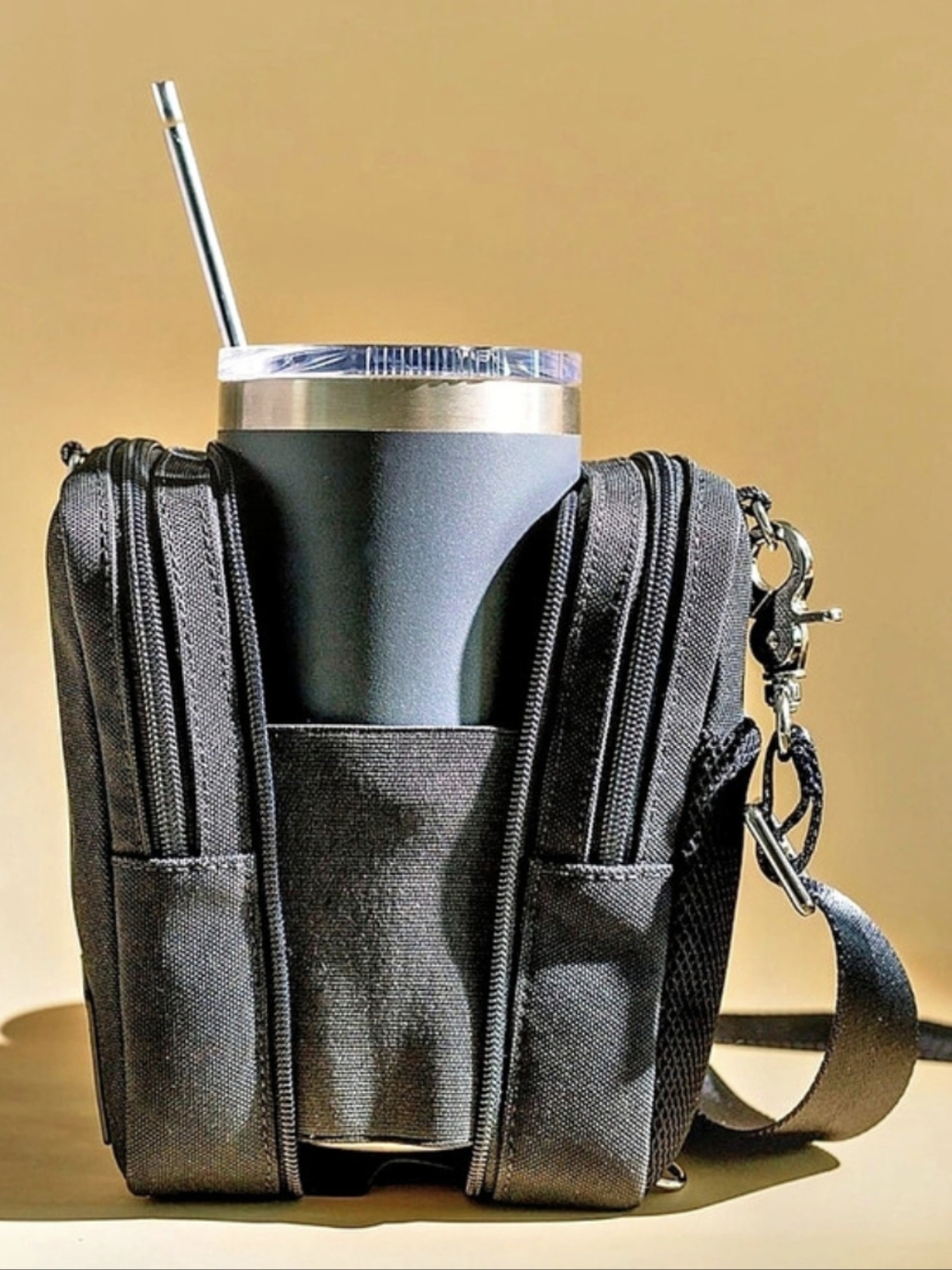 The Coffee Run Loungist Crossbody with Front Pockets With Cup Holder Black Nwt